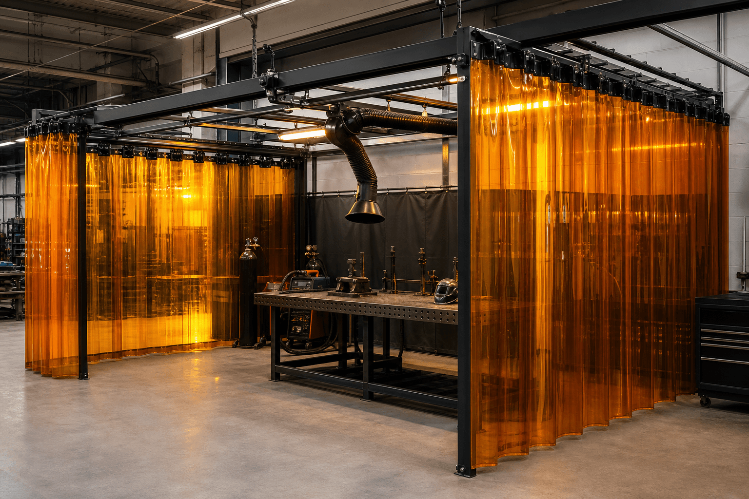 Industrial welding robot protected by yellow safety curtains